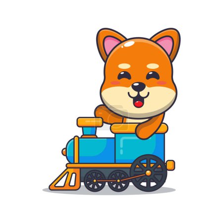 Illustration for Cute shiba inu ride on train cartoon vector illustration. - Royalty Free Image
