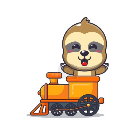 Téléchargez les illustrations : Mignon paresseux mascotte personnage de dessin animé tour sur le train. - en licence libre de droit