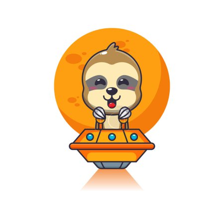 Ilustración de Lindo perezoso mascota de dibujos animados personaje volar con ufo. - Imagen libre de derechos