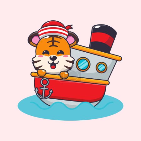 Téléchargez les illustrations : Mignon tigre sur le navire dessin animé vectoriel illustration. - en licence libre de droit