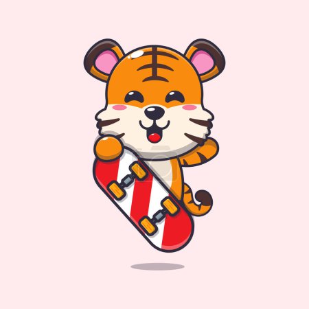 Téléchargez les illustrations : Mignon tigre avec illustration vectorielle de dessin animé skateboard. - en licence libre de droit