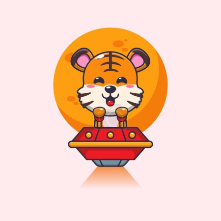 Illustration for Cute tiger fly with ufo cartoon vector illustration. - Royalty Free Image