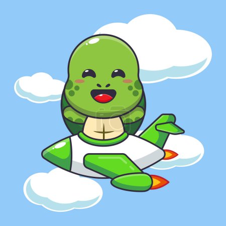 Illustration for Cute turtle ride on plane jet cartoon vector illustration. - Royalty Free Image