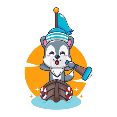 Illustration for Cute wolf on the boat cartoon vector illustration. - Royalty Free Image