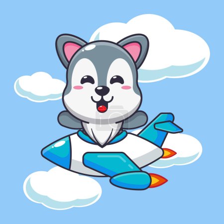 Illustration for Cute wolf ride on plane jet cartoon vector illustration. - Royalty Free Image