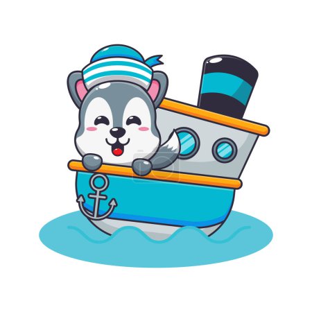 Illustration for Cute wolf on the ship cartoon vector illustration. - Royalty Free Image