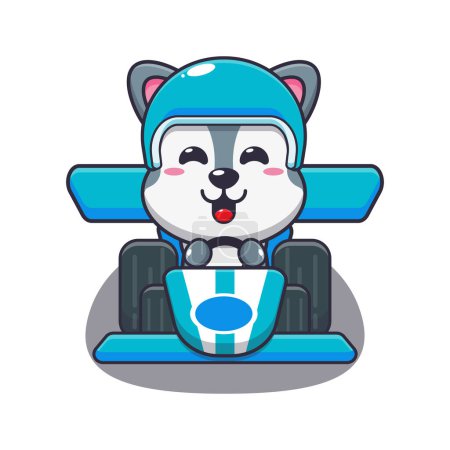 Illustration for Cute wolf riding race car cartoon vector illustration. - Royalty Free Image