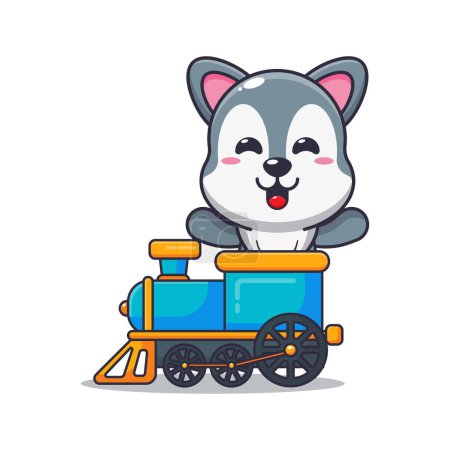 Illustration for Cute wolf ride on train cartoon vector illustration. - Royalty Free Image