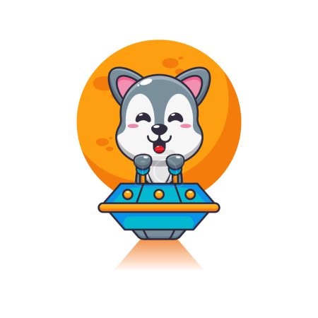 Illustration for Cute wolf fly with ufo cartoon vector illustration. - Royalty Free Image