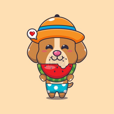 Téléchargez les illustrations : Cute dog eating fresh watermelon cartoon illustration. Cute summer cartoon illustration. - en licence libre de droit