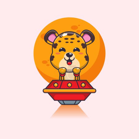 Téléchargez les illustrations : Cute leopard mascot cartoon character fly with ufo. - en licence libre de droit