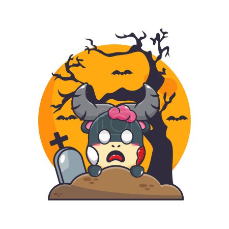 Téléchargez les illustrations : Les buffles zombies sortent du cimetière le jour d'Halloween. Jolie illustration de dessin animé halloween. - en licence libre de droit