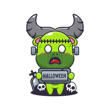 Téléchargez les illustrations : Buffle zombie tenant la pierre de salutation d'Halloween. Jolie illustration de dessin animé halloween. - en licence libre de droit