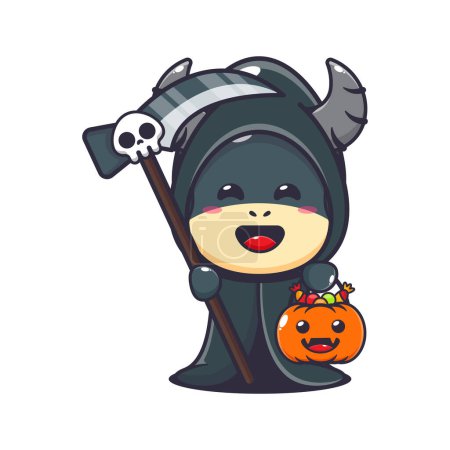 Ilustración de Grim Reaper Buffalo sosteniendo guadaña y calabaza de Halloween. Linda ilustración de dibujos animados de Halloween. - Imagen libre de derechos