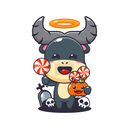 Illustration for Cute angel buffalo holding candy in halloween day. Cute halloween cartoon illustration. - Royalty Free Image