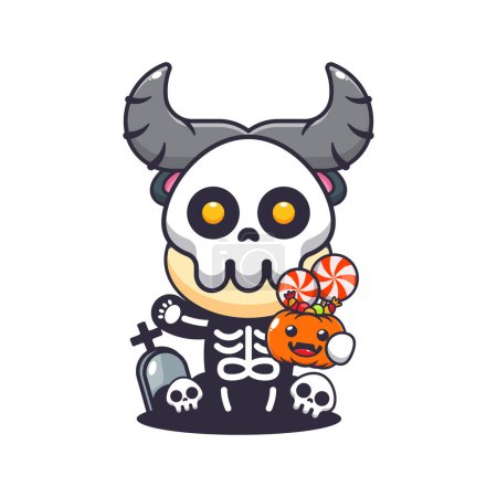 Téléchargez les illustrations : Buffalo avec costume squelette tenant la citrouille d'Halloween. Jolie illustration de dessin animé halloween. - en licence libre de droit
