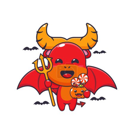 Ilustración de Búfalo diablo en el día de Halloween. Linda ilustración de dibujos animados de Halloween. - Imagen libre de derechos
