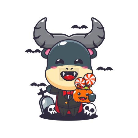 Ilustración de Búfalo vampiro sosteniendo calabaza de halloween. Linda ilustración de dibujos animados de Halloween. - Imagen libre de derechos