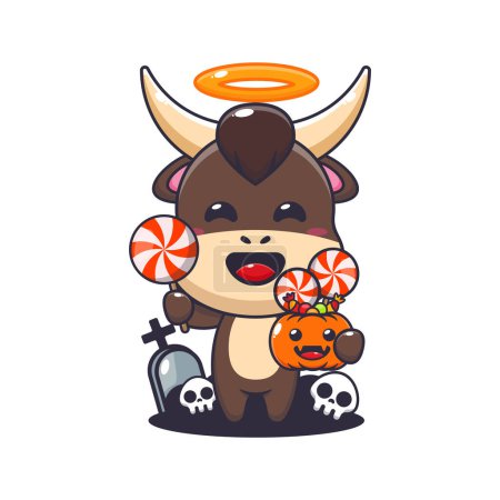 Téléchargez les illustrations : Mignon ange taureau tenant bonbons dans le jour d'Halloween. Jolie illustration de dessin animé halloween. - en licence libre de droit