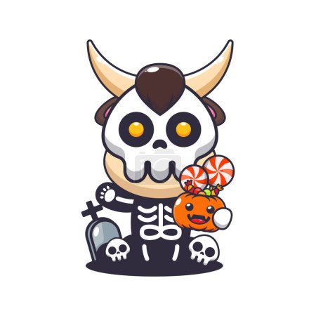 Illustration for Bull with skeleton costume holding halloween pumpkin. Cute halloween cartoon illustration. - Royalty Free Image