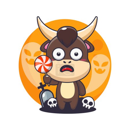 Illustration for Cute bull scared by ghost in halloween day. Cute halloween cartoon illustration. - Royalty Free Image
