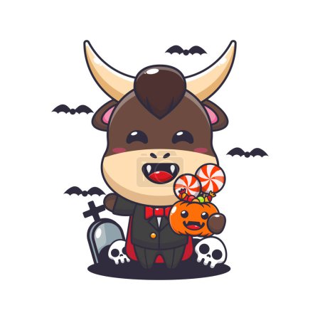 Illustration for Vampire bull holding halloween pumpkin. Cute halloween cartoon illustration. - Royalty Free Image