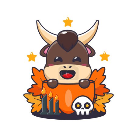 Illustration for Cute bull in halloween pumpkin. Cute halloween cartoon illustration. - Royalty Free Image