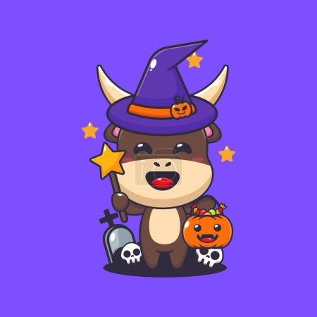 Illustration for Witch bull in halloween day. Cute halloween cartoon illustration. - Royalty Free Image