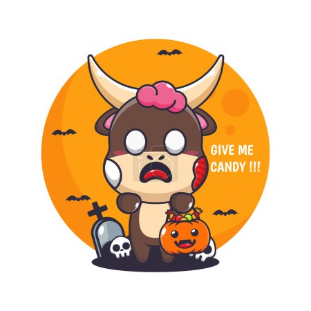 Téléchargez les illustrations : Le taureau zombie veut des bonbons. Jolie illustration de dessin animé halloween. - en licence libre de droit
