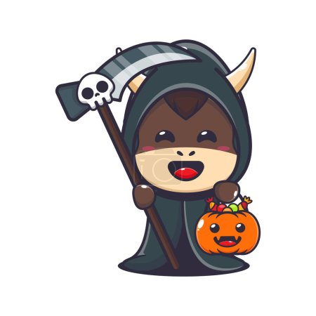 Ilustración de Toro parca sosteniendo guadaña y calabaza de halloween. Linda ilustración de dibujos animados de Halloween. - Imagen libre de derechos