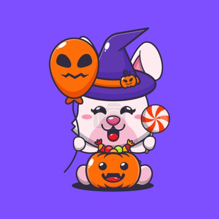Ilustración de Conejito de bruja sosteniendo globo de Halloween y dulces. Linda ilustración de dibujos animados de Halloween. - Imagen libre de derechos