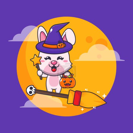 Illustration for Witch bunny fly with broom in halloween night. Cute halloween cartoon illustration. - Royalty Free Image