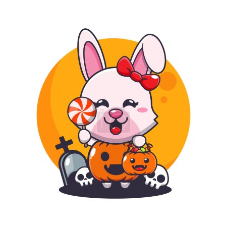 Ilustración de Conejito con disfraz de calabaza de Halloween. Linda ilustración de dibujos animados de Halloween. - Imagen libre de derechos