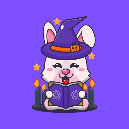 Ilustración de Conejito bruja leyendo libro de hechizos. Linda ilustración de dibujos animados de Halloween. - Imagen libre de derechos