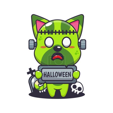 Téléchargez les illustrations : Chat zombie tenant la pierre de salutation d'Halloween. Jolie illustration de dessin animé halloween. - en licence libre de droit