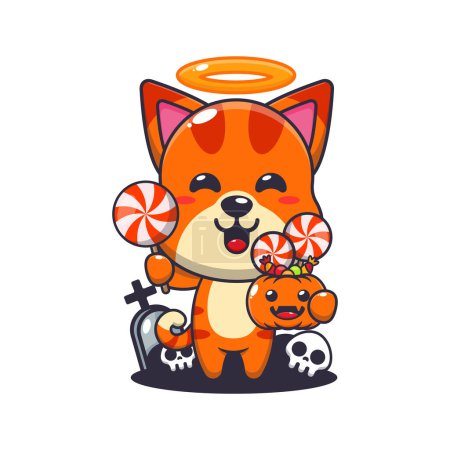 Illustration for Cute angel cat holding candy in halloween day. Cute halloween cartoon illustration. - Royalty Free Image