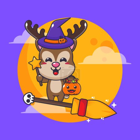 Ilustración de Los ciervos brujos vuelan con escoba en la noche de Halloween. Linda ilustración de dibujos animados de Halloween. - Imagen libre de derechos