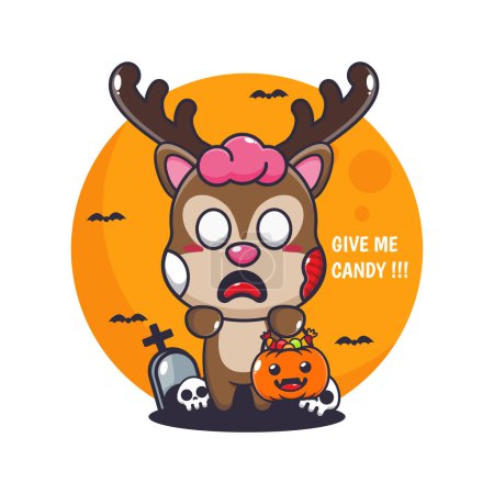 Téléchargez les illustrations : Le cerf zombie veut des bonbons. Jolie illustration de dessin animé halloween. - en licence libre de droit