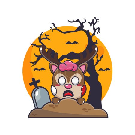 Illustration for Zombie deer rise from graveyard in halloween day. Cute halloween cartoon illustration. - Royalty Free Image