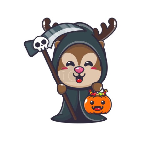 Illustration for Grim reaper deer holding scythe and halloween pumpkin. Cute halloween cartoon illustration. - Royalty Free Image