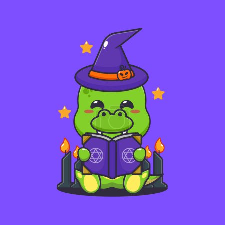 Illustration for Witch dino reading spell book. Cute halloween cartoon illustration. - Royalty Free Image