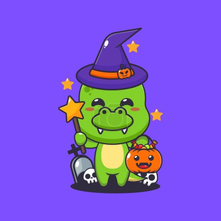 Illustration for Witch dino in halloween day. Cute halloween cartoon illustration. - Royalty Free Image