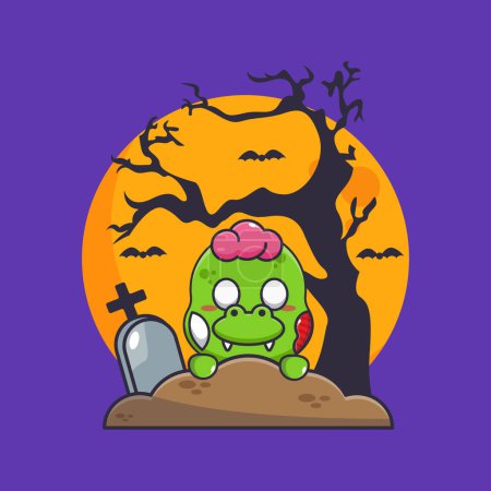 Illustration for Zombie dino rise from graveyard in halloween day. Cute halloween cartoon illustration. - Royalty Free Image