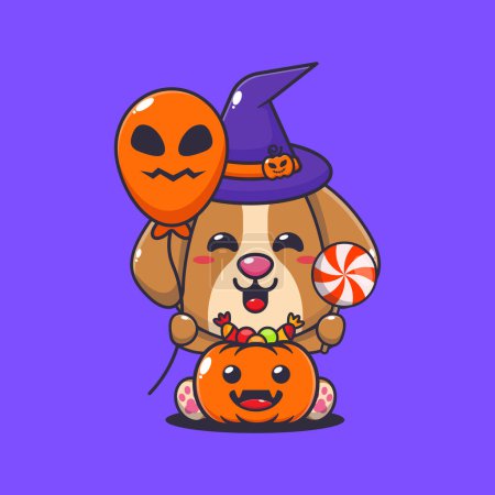 Illustration for Witch dog holding halloween balloon and candy. Cute halloween cartoon illustration. - Royalty Free Image
