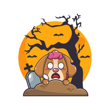 Téléchargez les illustrations : Chien zombie lever du cimetière dans le jour d'Halloween. Jolie illustration de dessin animé halloween. - en licence libre de droit