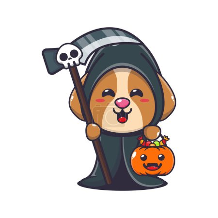 Ilustración de Grim Reaper perro sosteniendo guadaña y calabaza de Halloween. Linda ilustración de dibujos animados de Halloween. - Imagen libre de derechos