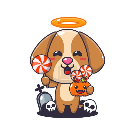 Ilustración de Lindo perro ángel sosteniendo dulces en el día de Halloween. Linda ilustración de dibujos animados de Halloween. - Imagen libre de derechos