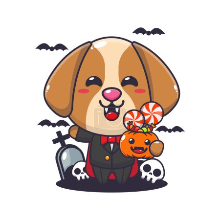 Illustration for Vampire dog holding halloween pumpkin. Cute halloween cartoon illustration. - Royalty Free Image