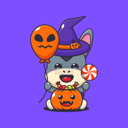 Illustration for Witch donkey holding halloween balloon and candy. Cute halloween cartoon illustration. - Royalty Free Image