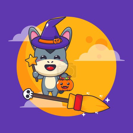 Illustration for Witch donkey fly with broom in halloween night. Cute halloween cartoon illustration. - Royalty Free Image